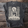 T-shirt graphic with two wolves, a wooden gate, trees, and birds under a moon.