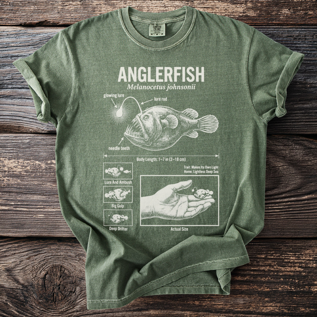 Anglerfish diagram on a green t-shirt with labels for lure, teeth, and behaviors.