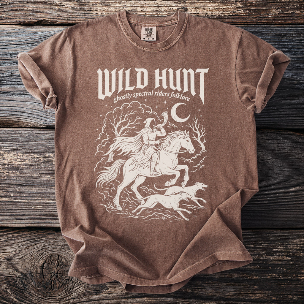 Brown t-shirt with "Wild Hunt ghostly spectral riders folklore" text and graphic.