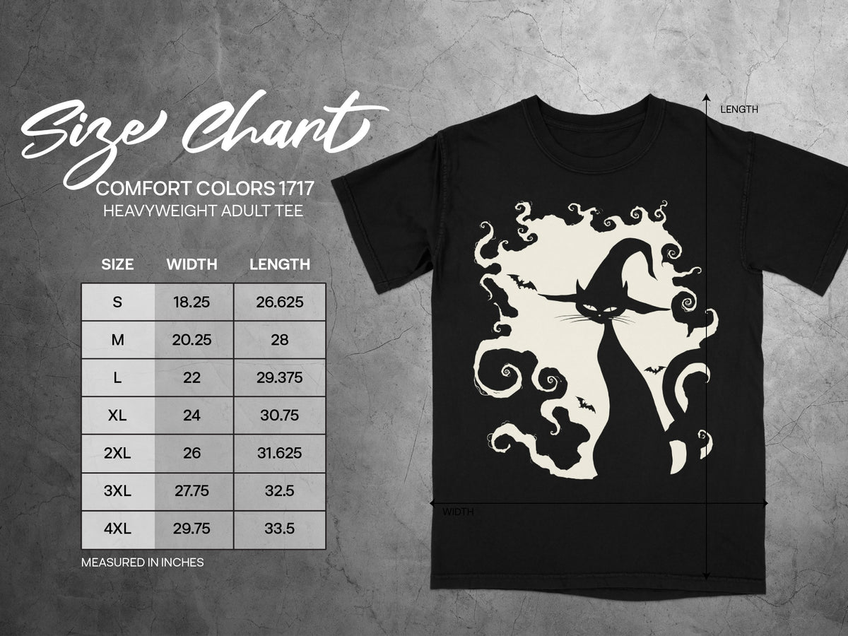 Size chart for Comfort Colors 1717 heavyweight adult tee with measurements in inches.