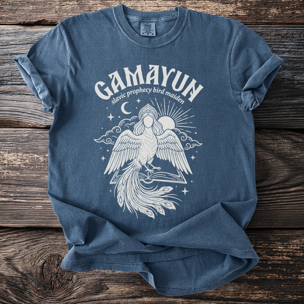 Gamayun Slavic prophecy bird maiden graphic on blue t-shirt.