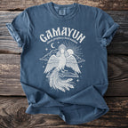 Gamayun Slavic prophecy bird maiden graphic on blue t-shirt.