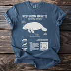 T-shirt with white graphic of West Indian Manatee and its biological information.