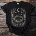 Black t-shirt with moon, moths, fairies and forest flora art print.