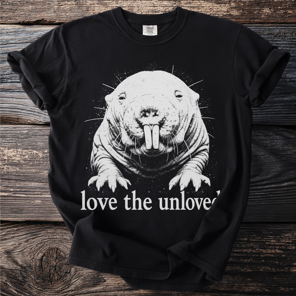 Black t-shirt with a white graphic of a mole-rat and text reading "love the unloved".