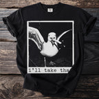 Black t-shirt with a distressed image of a seagull holding a cigarette and the text "i'll take tha".
