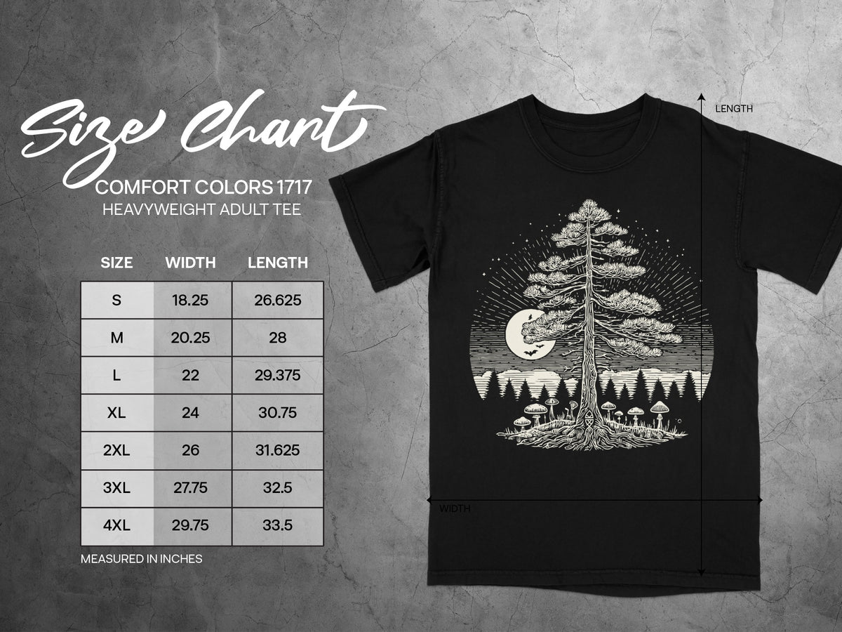 Comfort Colors 1717 size chart for heavyweight adult tees with width and length measurements.