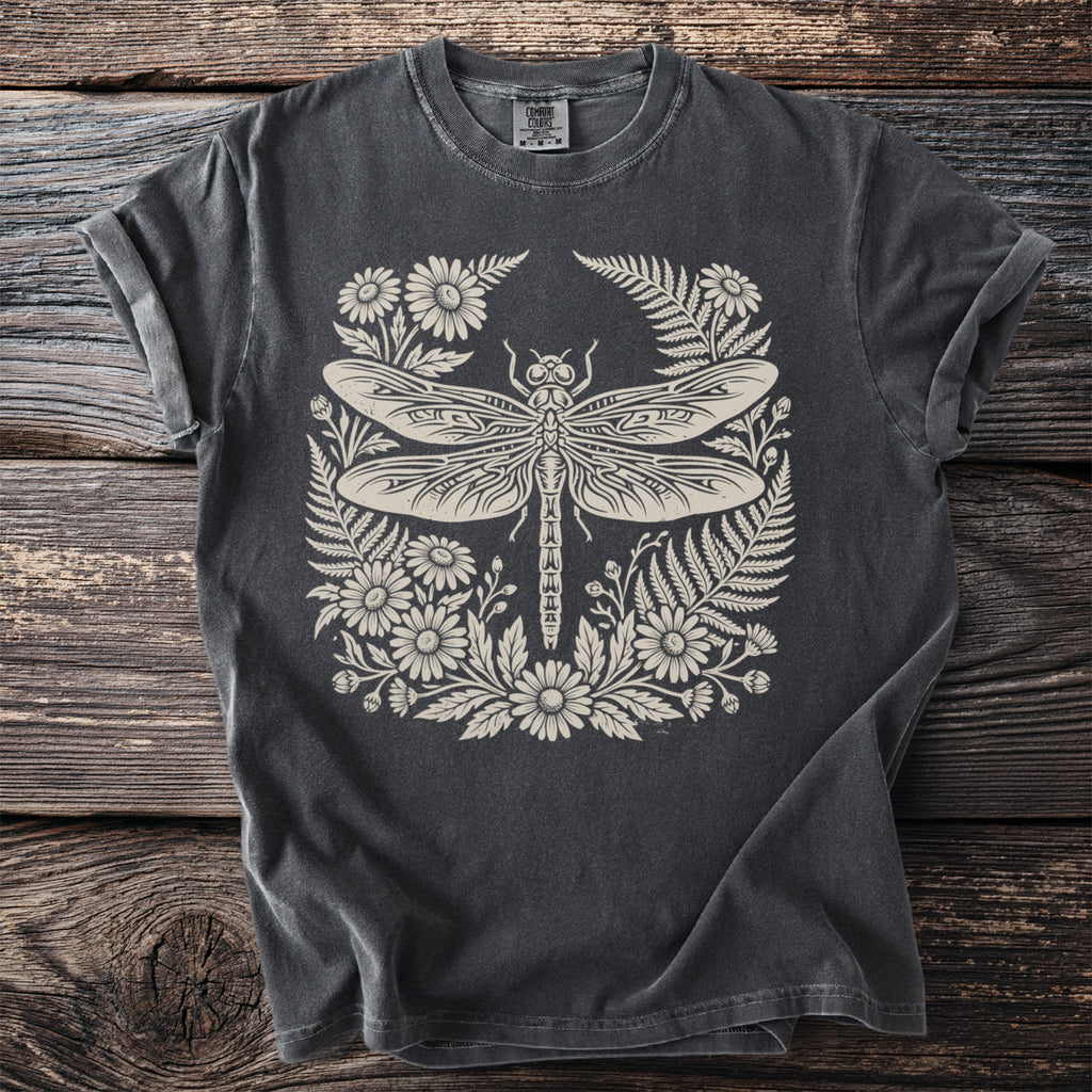 Dark grey t-shirt with a cream dragonfly and floral design.