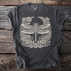 Dark grey t-shirt with a cream dragonfly and floral design.