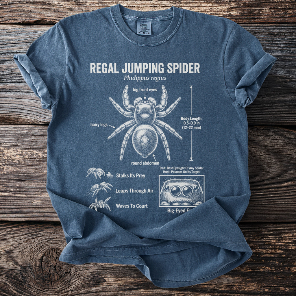 T-shirt with Regal Jumping Spider illustration and scientific details.
