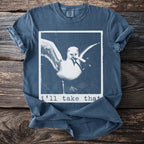 Blue t-shirt with a distressed print of a seagull holding a cigarette that says "i'll take that."