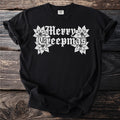 Black t-shirt with white "Merry Creepmas" text, skulls, and poinsettias.