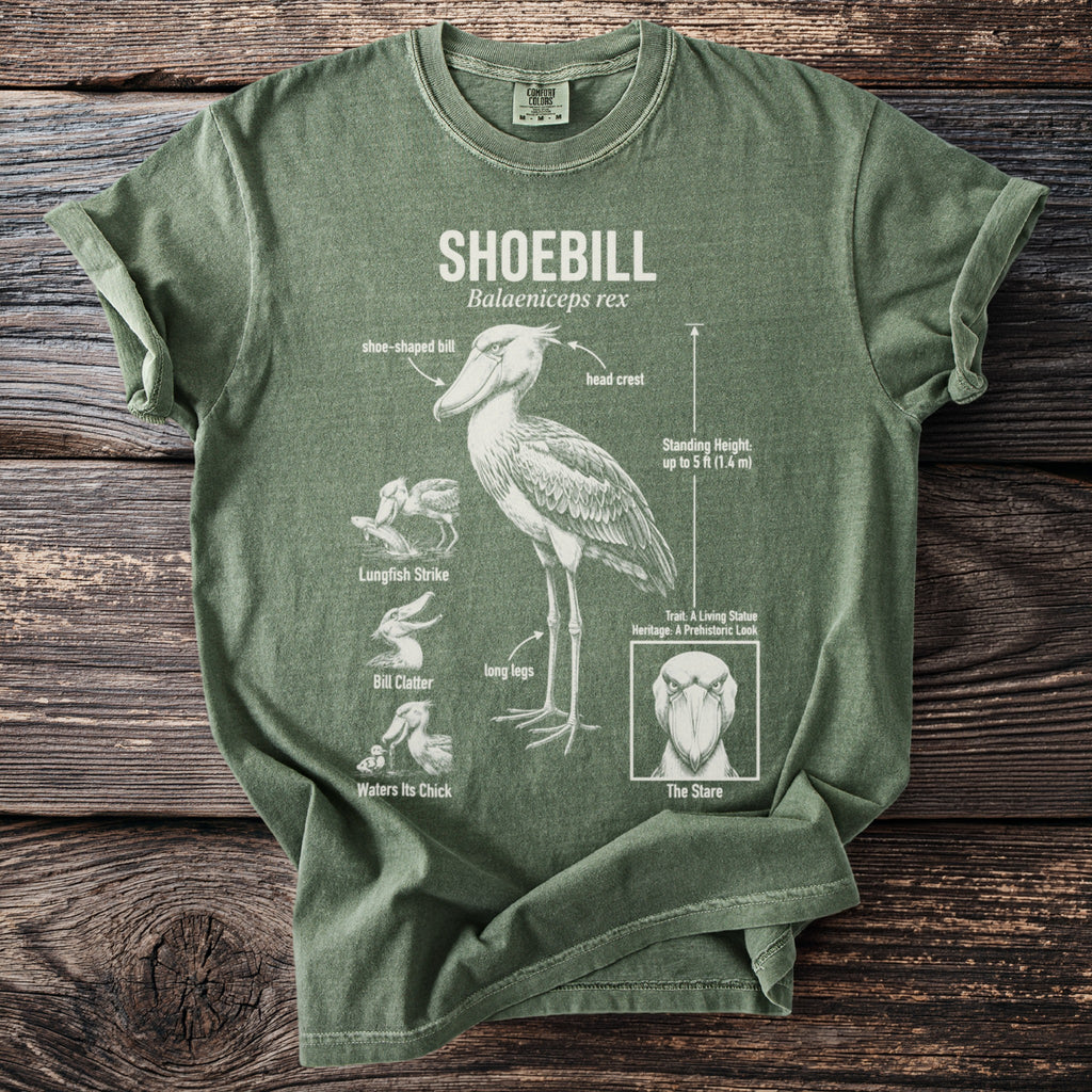 Green t-shirt with a shoebill illustration and anatomical details labeled.