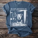 Blue t-shirt with "do not perceive me" text and a dog portrait graphic.