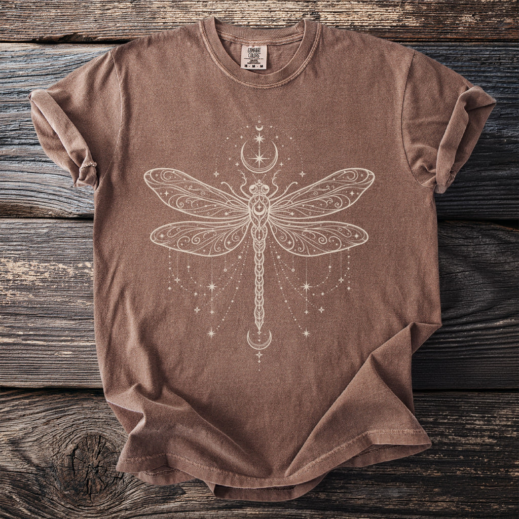 Brown t-shirt with cream celestial dragonfly graphic and moons.