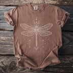 Brown t-shirt with cream celestial dragonfly graphic and moons.