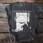 Dark grey t-shirt with "i require darkness" and a grumpy cat graphic.