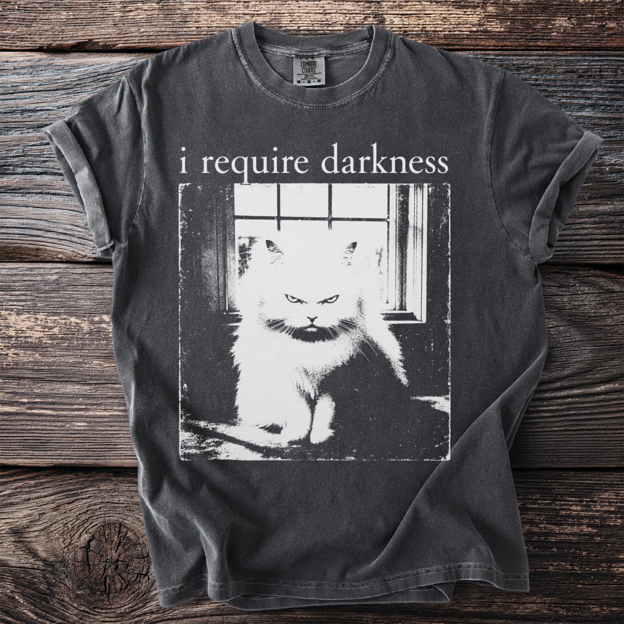 Dark grey t-shirt with "i require darkness" and a grumpy cat graphic.