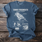 Blue t-shirt featuring an illustration and facts about the Tawny Frogmouth bird.