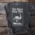 T-shirt with "The Great Emu War Australian Tour 1932" text and an emu graphic.