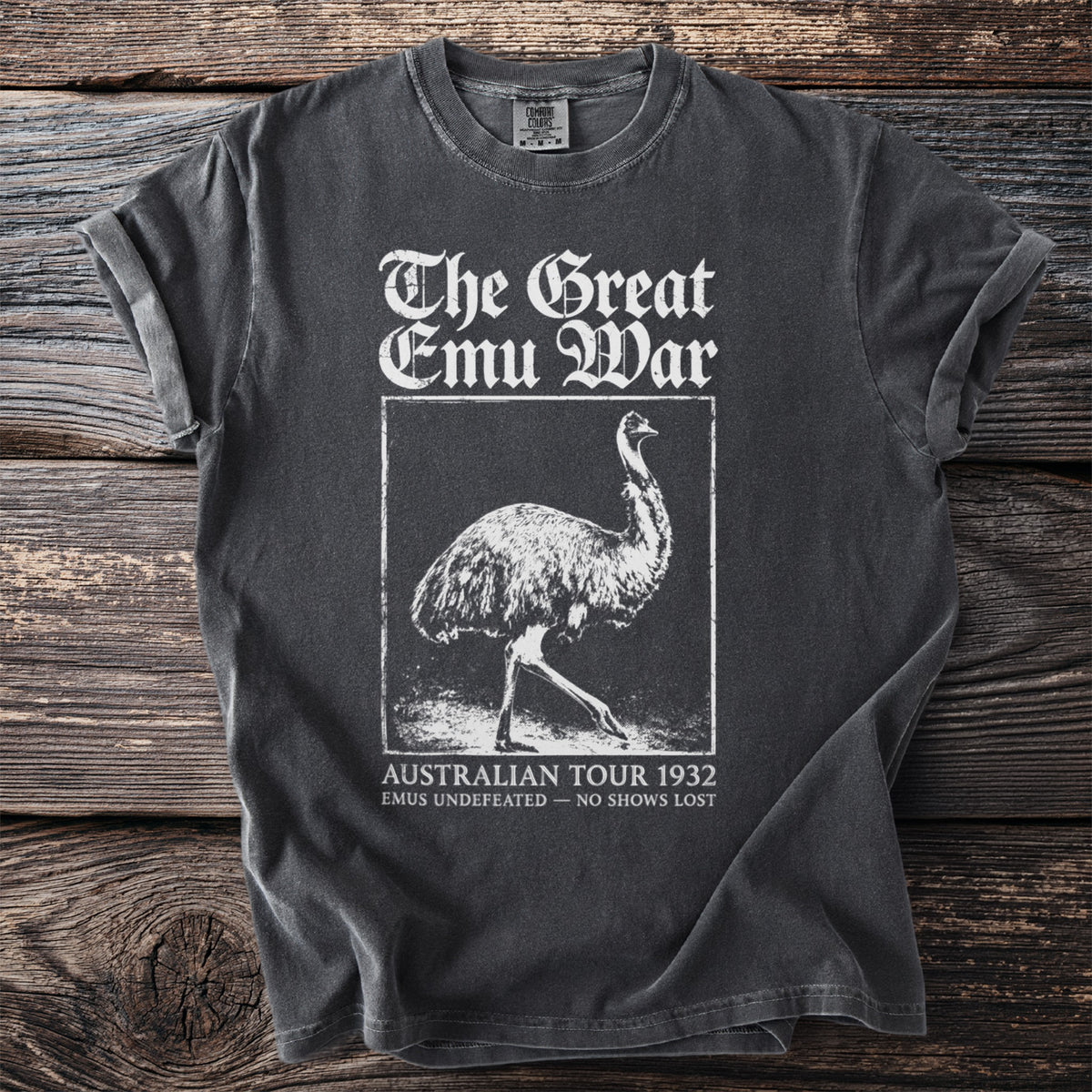 T-shirt with "The Great Emu War Australian Tour 1932" text and an emu graphic.