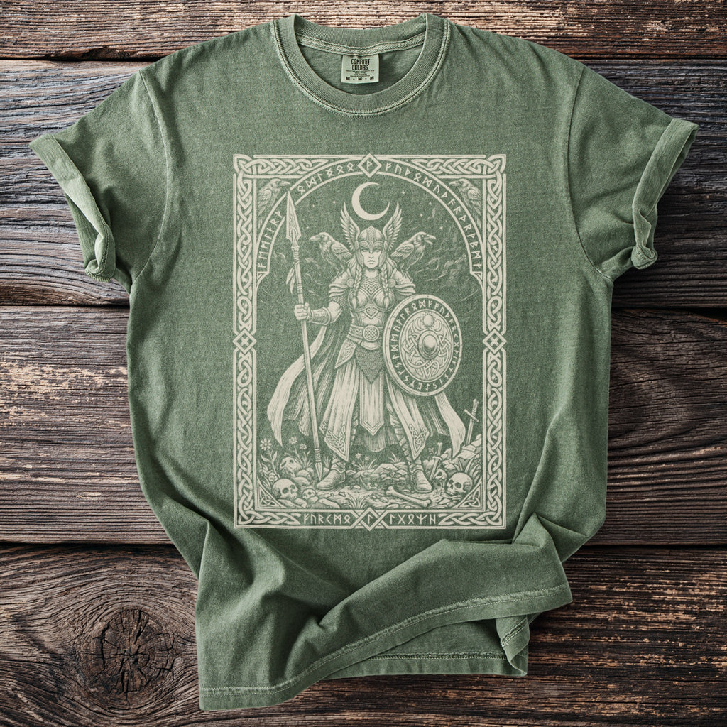 Green t-shirt with a detailed illustration of a Norse warrior and runes.