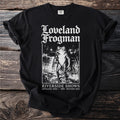 Black t-shirt with Loveland Frogman graphic and "Riverside Shows" text.