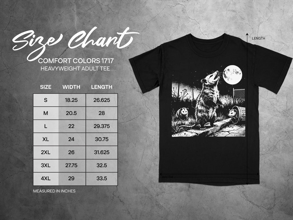 Comfort Colors 1717 heavyweight adult tee size chart with width and length measurements in inches.