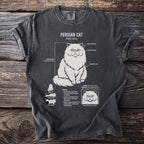 Dark grey t-shirt with diagram of a Persian cat and its anatomy.