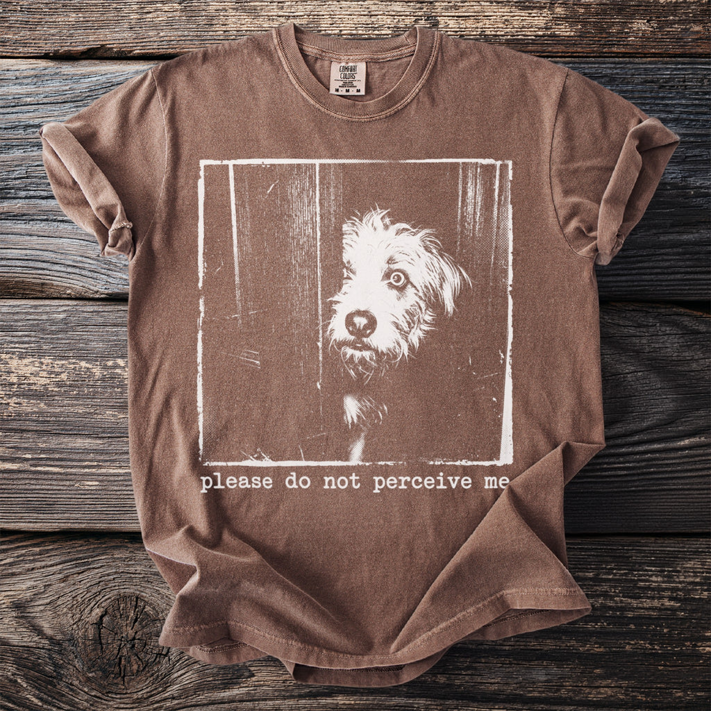 Brown t-shirt with a distressed print of a shaggy dog's face and the text "please do not perceive me".