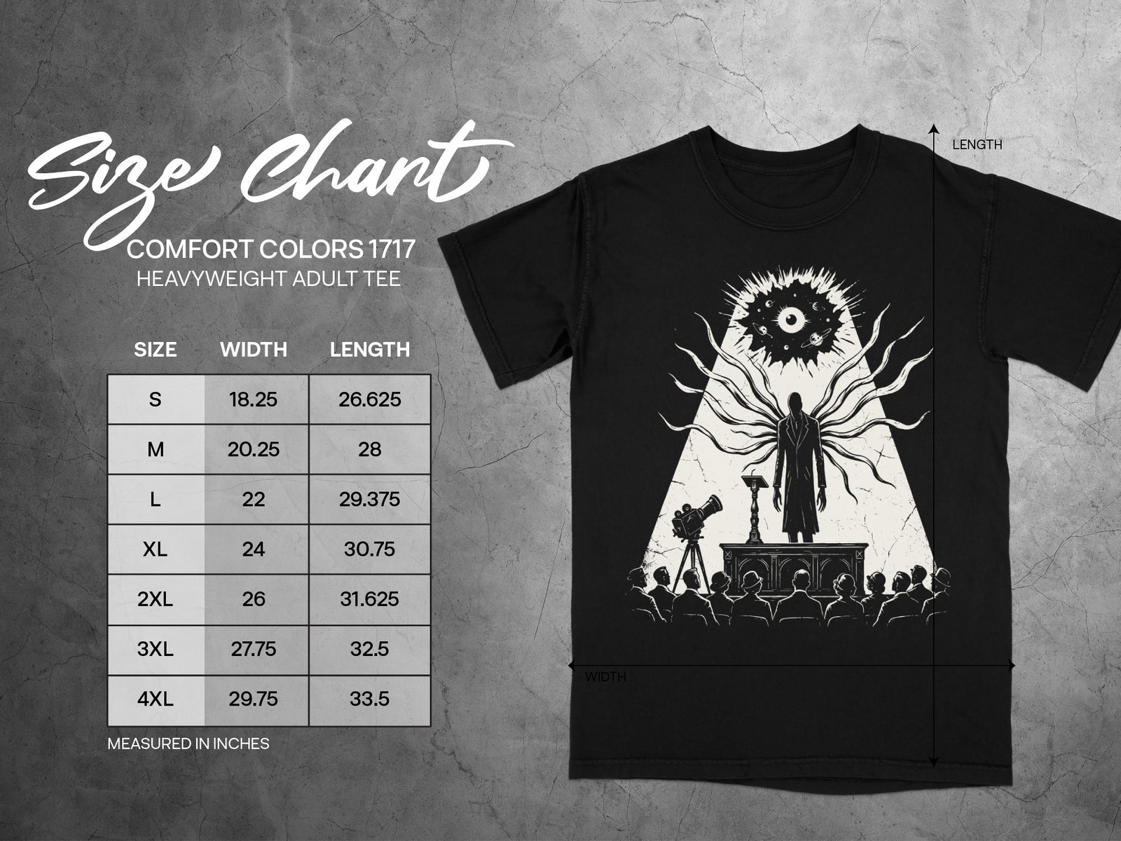 Comfort Colors 1717 t-shirt size chart with width and length measurements in inches.
