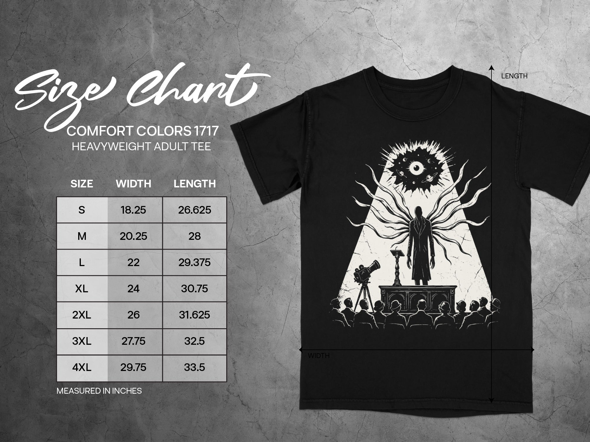 Comfort Colors 1717 t-shirt size chart with width and length measurements in inches.