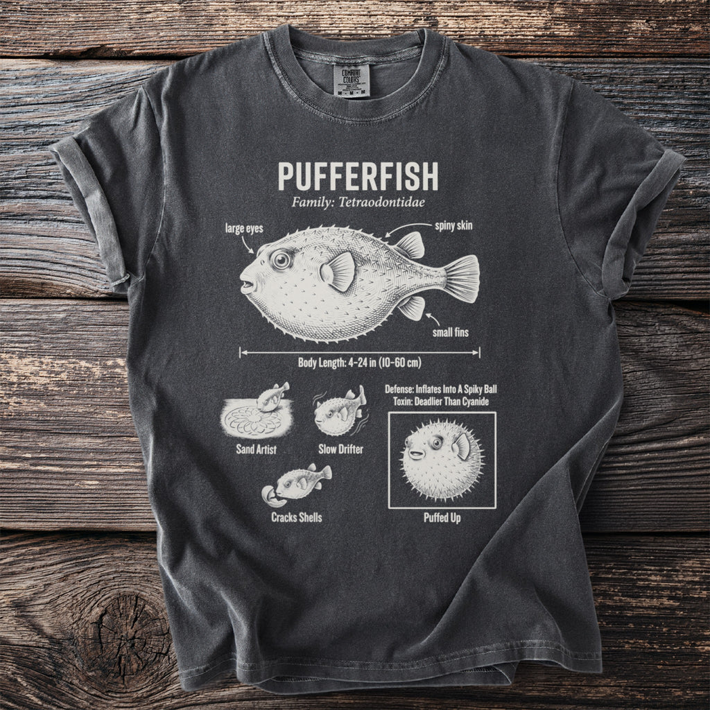 Pufferfish t-shirt with scientific illustration and facts.