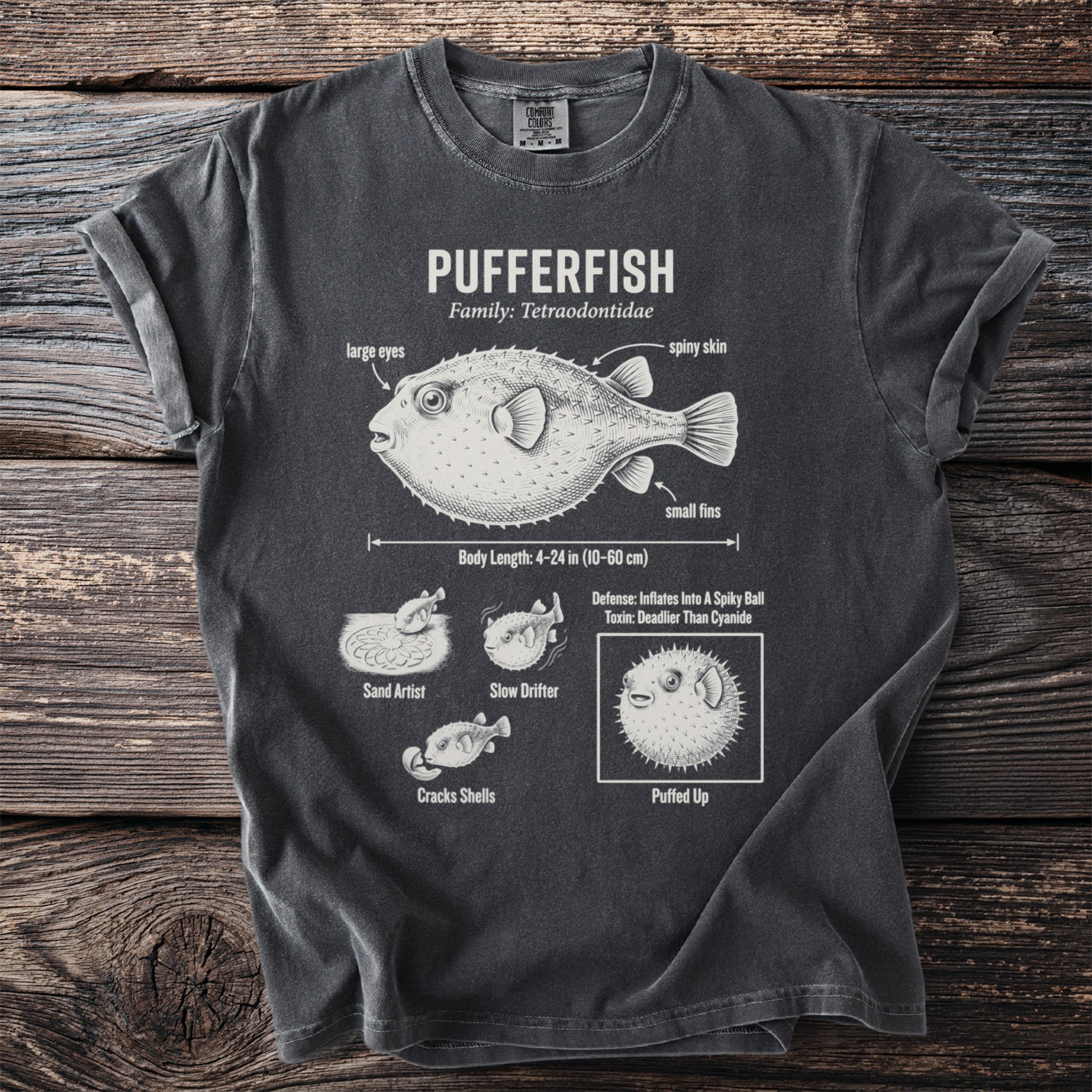 Pufferfish t-shirt with scientific illustration and facts.