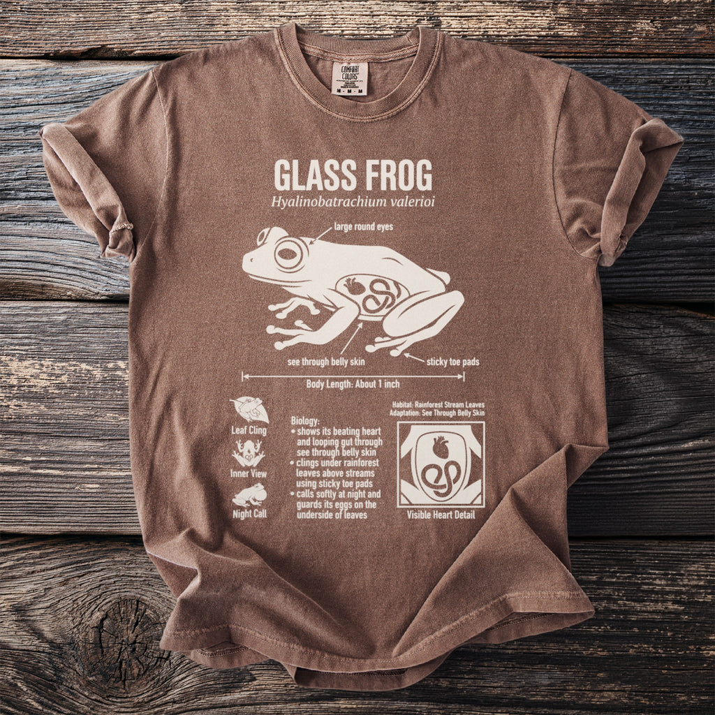 Brown t-shirt with Glass Frog diagram, including anatomy and biological facts.