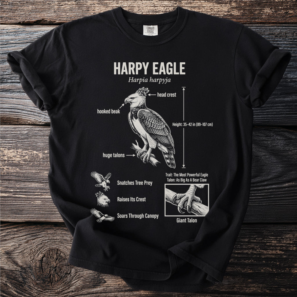 Black t-shirt with Harpy Eagle illustration and informative text details.
