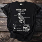 Black t-shirt with Harpy Eagle illustration and informative text details.