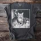 T-shirt with graphic of a cat smoking a cigarette and a coffee mug.