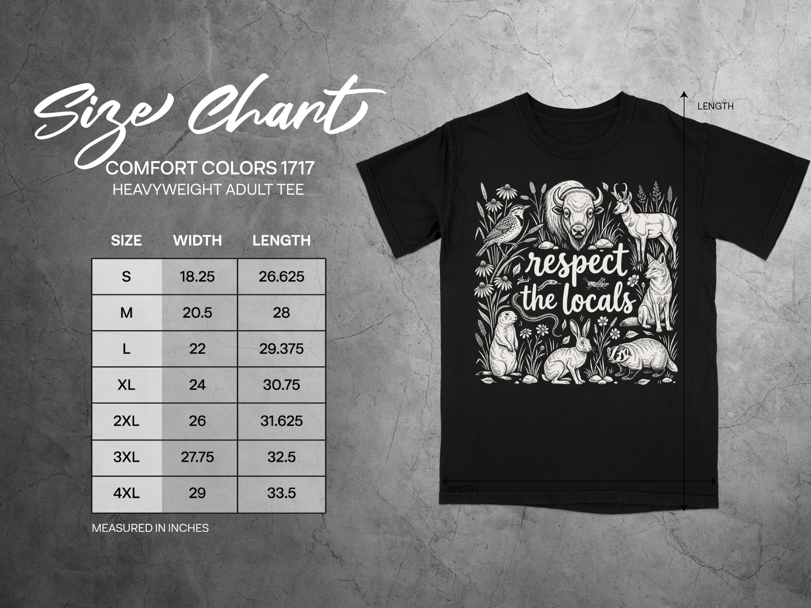 Size chart for Comfort Colors 1717 heavyweight adult tee with measurements.
