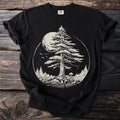Black t-shirt with a cream vintage-style print of a pine tree, moon, and mushrooms.