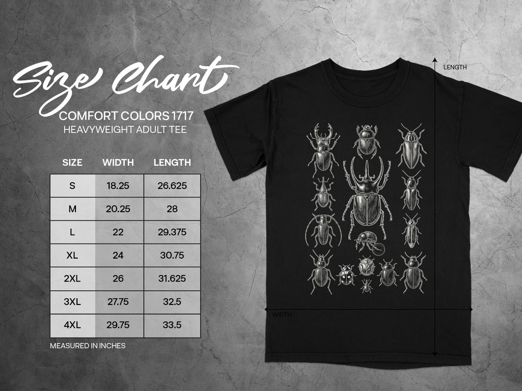 Size chart for Comfort Colors 1717 heavyweight adult tee with size, width, and length measurements.