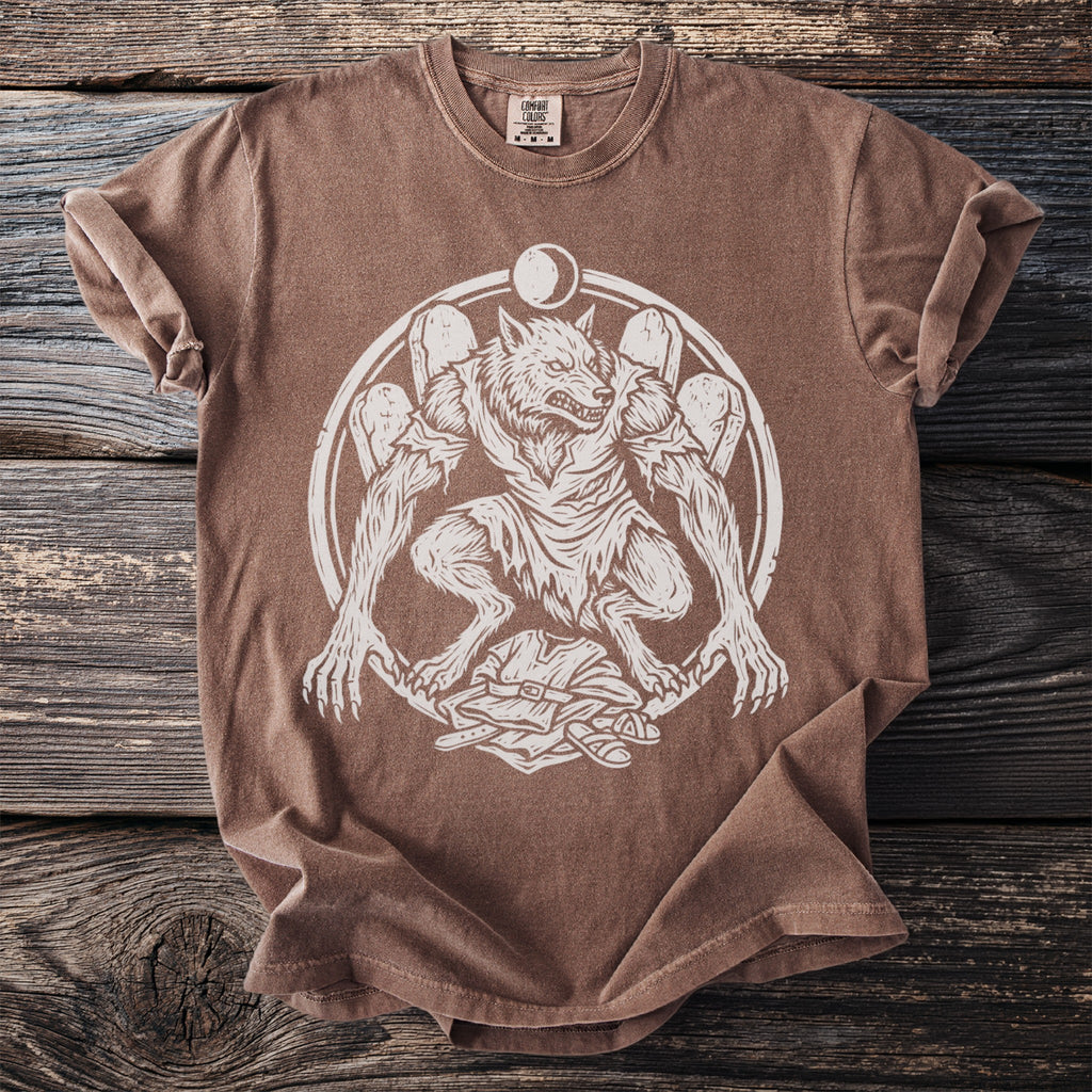 Brown t-shirt with a white graphic of a werewolf within a circular frame.