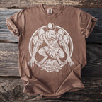 Brown t-shirt with a white graphic of a werewolf within a circular frame.