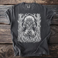Werewolf graphic on a charcoal t-shirt with trees and a full moon.