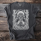 Werewolf graphic on a charcoal t-shirt with trees and a full moon.