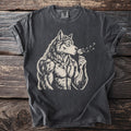 Werewolf blowing dandelions on a dark grey t-shirt with Comfort Colors label.