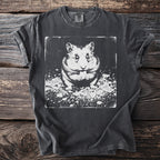 Dark charcoal t-shirt with a white graphic of a hamster eating.