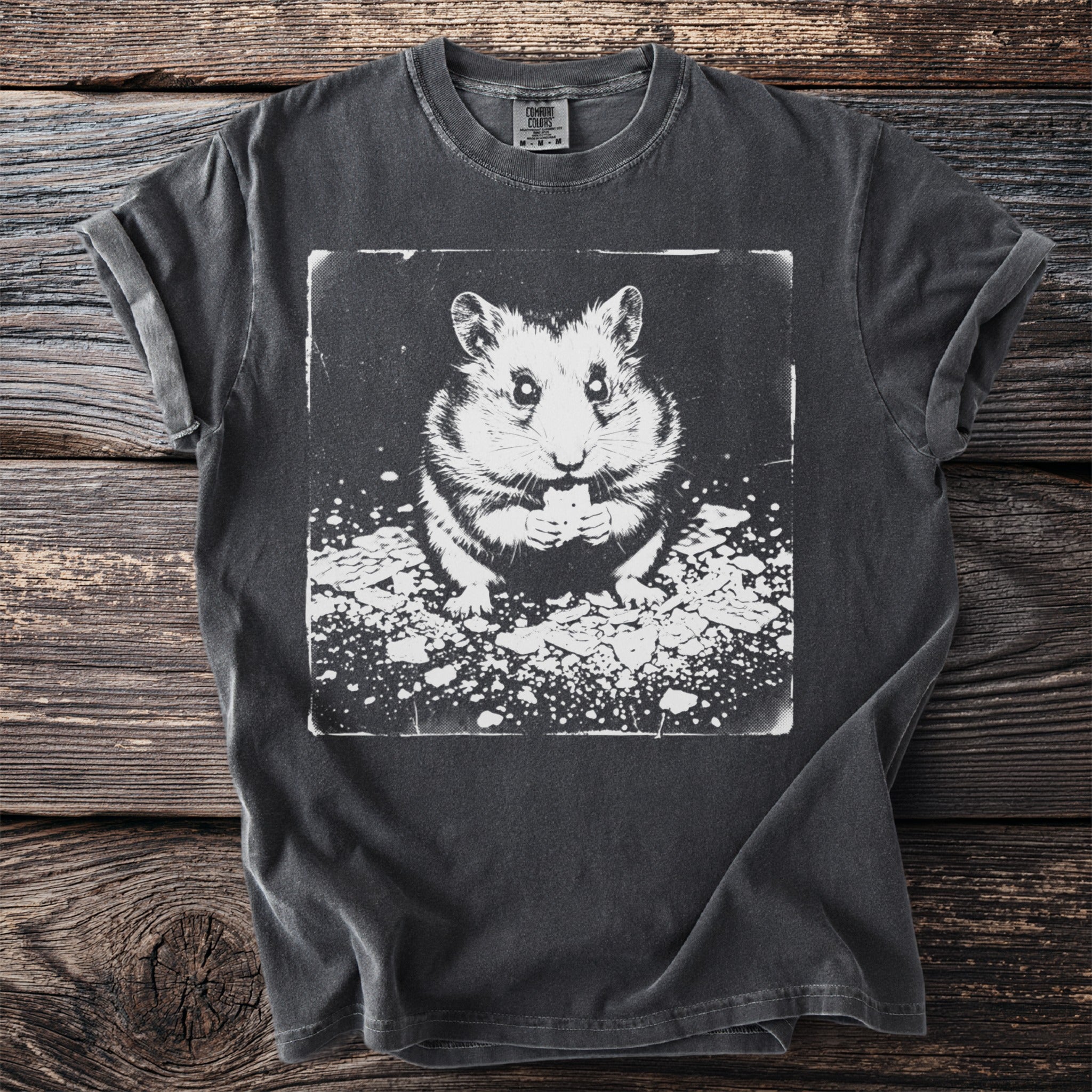 Dark charcoal t-shirt with a white graphic of a hamster eating.