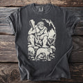 Stone giant holding club with sheep and ship in background on dark t-shirt.