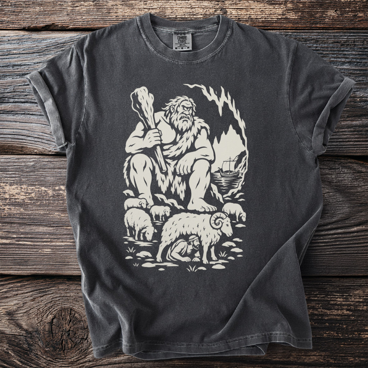 Stone giant holding club with sheep and ship in background on dark t-shirt.